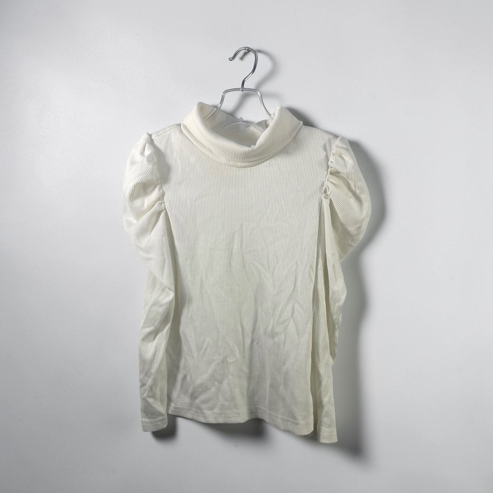 Shein Girls Ribbed Knit Puff Shoulder Turtleneck Top Cream White Size 6Y